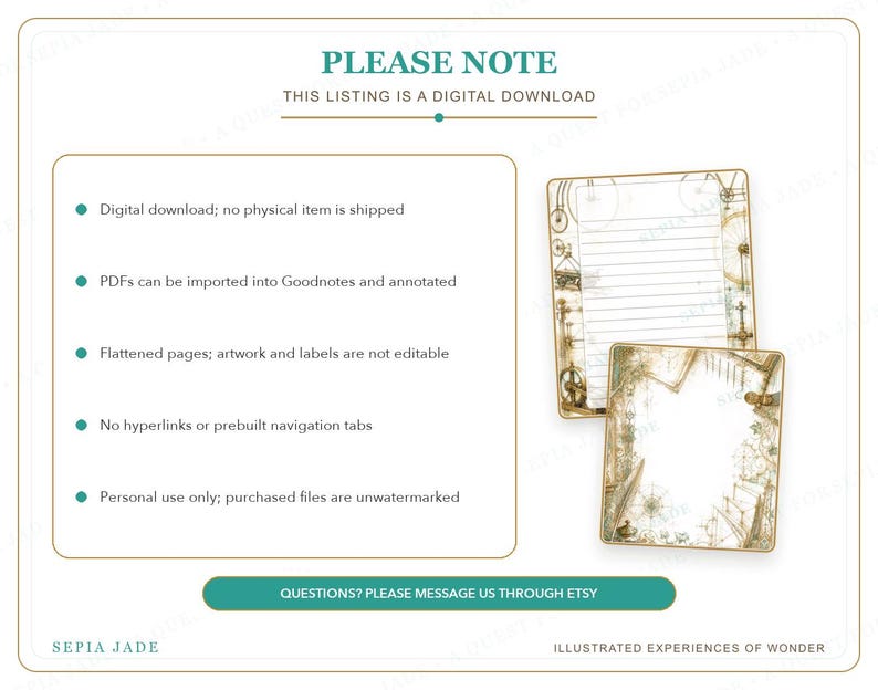 May include: A digital download information sheet featuring two rectangular stationery pages with vintage-style illustrations of bicycles and nautical elements. The text includes PLEASE NOTE, THIS LISTING IS A DIGITAL DOWNLOAD, and five bullet points detailing file usage, ending with the brand name SEPIA JADE and the tagline ILLUSTRATED EXPERIENCES OF WONDER.