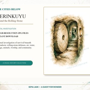 May include: A digital print featuring the text THE CITIES BELOW DERINKUYU Behind the Rolling Stone. The illustration depicts a stone tunnel with a large circular stone door blocking the entrance, leading to a series of carved underground rooms.