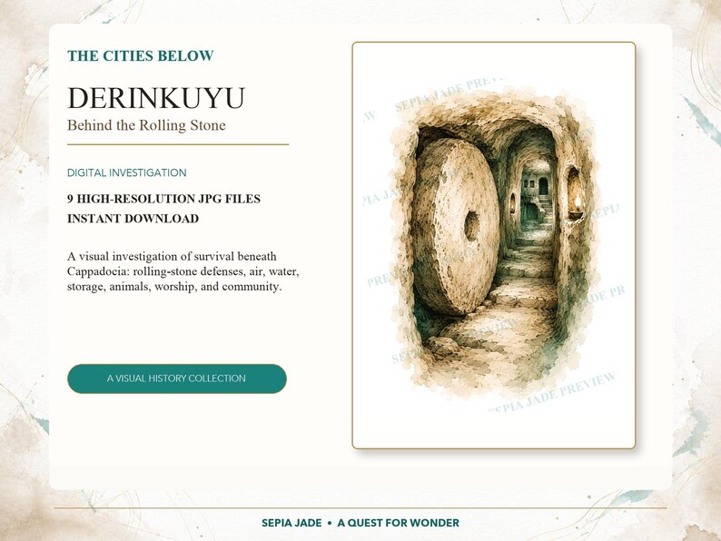 May include: A digital print featuring the text THE CITIES BELOW DERINKUYU Behind the Rolling Stone. The illustration depicts a stone tunnel with a large circular stone door blocking the entrance, leading to a series of carved underground rooms.