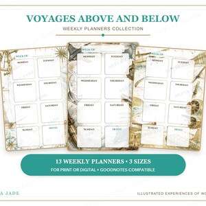 May include: Three weekly planner pages featuring a vintage travel theme with sepia-toned illustrations of compasses, ships, and aeroplanes. Each page includes a header reading VOYAGES ABOVE AND BELOW WEEKLY PLANNERS COLLECTION and 13 WEEKLY PLANNERS 3 SIZES.