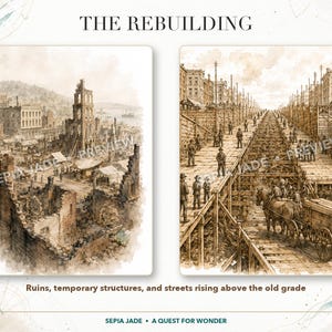 K&ouml;nnte beinhalten: Eine historische Illustration in Sepiat&ouml;nen mit dem Titel THE REBUILDING, bestehend aus zwei Tafeln. Links sind st&auml;dtische Ruinen und Tr&uuml;mmer zu sehen. Rechts ist eine Stra&szlig;e im Bau mit Holzger&uuml;sten, erh&ouml;hten Gehwegen und einem Pferdewagen.