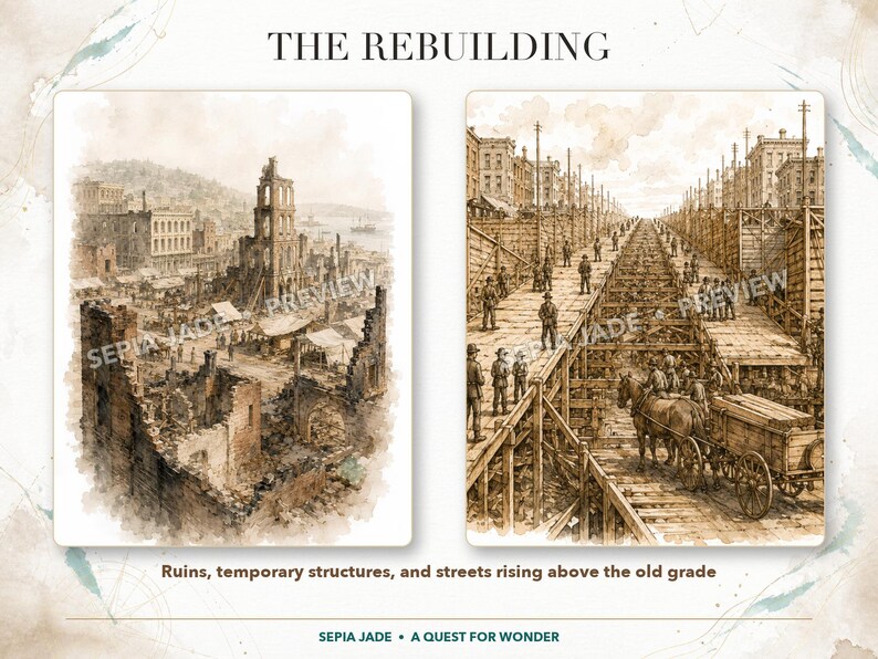 K&ouml;nnte beinhalten: Eine historische Illustration in Sepiat&ouml;nen mit dem Titel THE REBUILDING, bestehend aus zwei Tafeln. Links sind st&auml;dtische Ruinen und Tr&uuml;mmer zu sehen. Rechts ist eine Stra&szlig;e im Bau mit Holzger&uuml;sten, erh&ouml;hten Gehwegen und einem Pferdewagen.