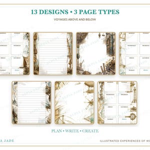 Op de afbeelding: Een verzameling van zeven briefpapierpagina's met 13 ontwerpen en 3 paginatypes met de tekst 13 DESIGNS 3 PAGE TYPES VOYAGES ABOVE AND BELOW PLAN WRITE CREATE SEPIA JADE ILLUSTRATED EXPERIENCES OF WONDER. De pagina's tonen nautische en steampunk-illustraties.