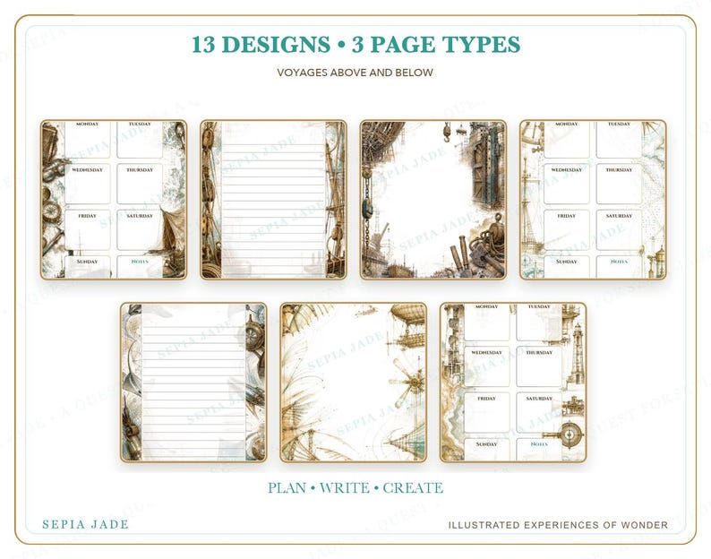 Op de afbeelding: Een verzameling van zeven briefpapierpagina's met 13 ontwerpen en 3 paginatypes met de tekst 13 DESIGNS 3 PAGE TYPES VOYAGES ABOVE AND BELOW PLAN WRITE CREATE SEPIA JADE ILLUSTRATED EXPERIENCES OF WONDER. De pagina's tonen nautische en steampunk-illustraties.