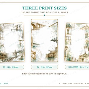 May include: Three digital planner print templates with architectural sketches of bridges and buildings. Text includes THREE PRINT SIZES, A5 148 x 210 mm, A4 210 x 297 mm, US LETTER 8.5 x 11 in, and Each size is supplied as its own 13-page PDF.