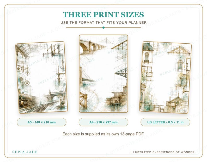 May include: Three digital planner print templates with architectural sketches of bridges and buildings. Text includes THREE PRINT SIZES, A5 148 x 210 mm, A4 210 x 297 mm, US LETTER 8.5 x 11 in, and Each size is supplied as its own 13-page PDF.