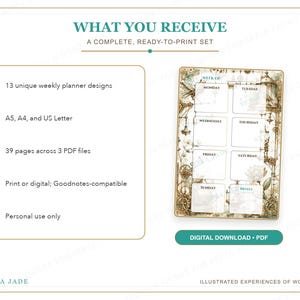 Puede incluir: Un conjunto de planificadores semanales digitales con 13 dise&ntilde;os en tama&ntilde;os A5, A4 y US Letter. Incluye 39 p&aacute;ginas en 3 archivos PDF, compatibles con Goodnotes. La p&aacute;gina del planificador muestra un borde vintage con motivos florales.