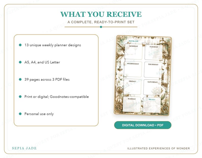 Puede incluir: Un conjunto de planificadores semanales digitales con 13 dise&ntilde;os en tama&ntilde;os A5, A4 y US Letter. Incluye 39 p&aacute;ginas en 3 archivos PDF, compatibles con Goodnotes. La p&aacute;gina del planificador muestra un borde vintage con motivos florales.