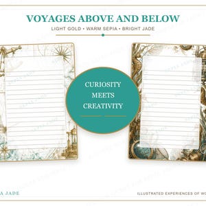K&ouml;nnte beinhalten: Zwei rechteckige linierte Briefpapierb&ouml;gen mit nautischen und Unterwasser-Illustrationen in Gold, Sepia und Jade. Ein zentraler jadegr&uuml;ner Kreis enth&auml;lt den Text CURIOSITY MEETS CREATIVITY. Der obere Text lautet VOYAGES ABOVE AND BELOW, LIGHT GOLD, WARM SEPIA, BRIGHT JADE.