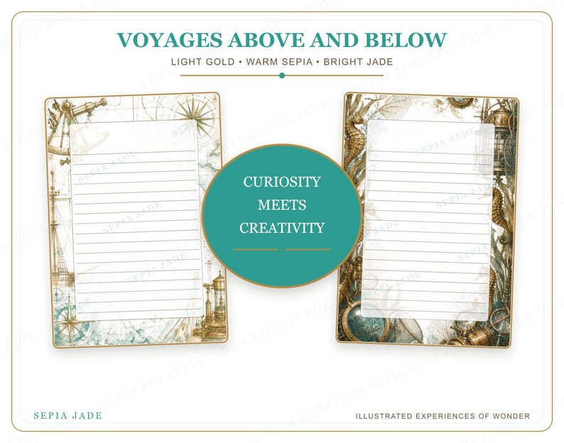 K&ouml;nnte beinhalten: Zwei rechteckige linierte Briefpapierb&ouml;gen mit nautischen und Unterwasser-Illustrationen in Gold, Sepia und Jade. Ein zentraler jadegr&uuml;ner Kreis enth&auml;lt den Text CURIOSITY MEETS CREATIVITY. Der obere Text lautet VOYAGES ABOVE AND BELOW, LIGHT GOLD, WARM SEPIA, BRIGHT JADE.