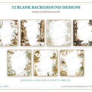 May include: A collection of 52 blank background designs titled Echoes & Expeditions Gallery. The set features seven square illustrations with sepia-toned borders depicting scenes like castles, blacksmith tools, windmills, and vintage machinery.