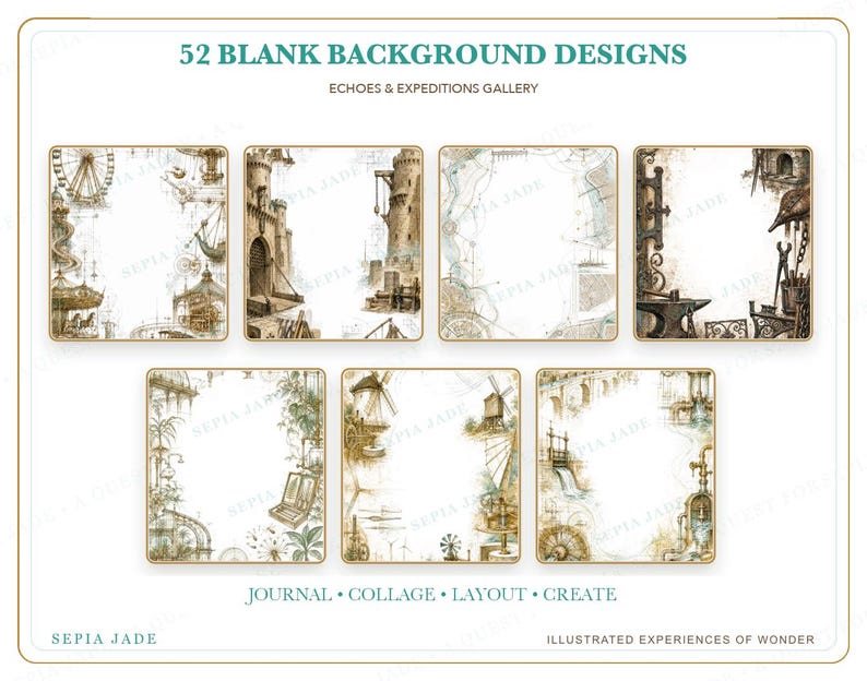 May include: A collection of 52 blank background designs titled Echoes & Expeditions Gallery. The set features seven square illustrations with sepia-toned borders depicting scenes like castles, blacksmith tools, windmills, and vintage machinery.