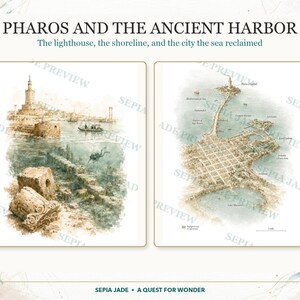 May include: Two rectangular prints titled PHAROS AND THE ANCIENT HARBOR. The left print shows a lighthouse, underwater ruins, and a diver. The right print displays a detailed map of the city and harbour with labels. The colour palette is sepia and muted green.