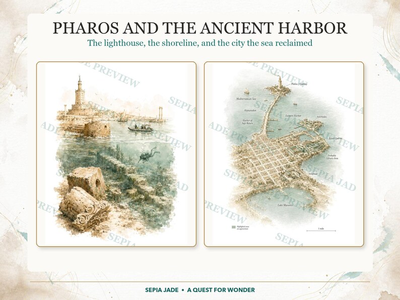 May include: Two rectangular prints titled PHAROS AND THE ANCIENT HARBOR. The left print shows a lighthouse, underwater ruins, and a diver. The right print displays a detailed map of the city and harbour with labels. The colour palette is sepia and muted green.