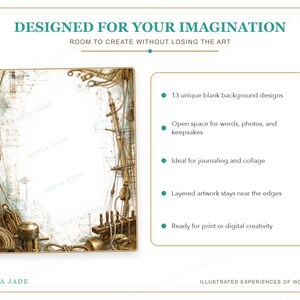 Pu&ograve; includere: Una visualizzazione di prodotto digitale con il testo DESIGNED FOR YOUR IMAGINATION e ROOM TO CREATE WITHOUT LOSING THE ART. Mostra un design di sfondo vuoto a tema nautico con corde, pulegge e parti di nave, oltre a un elenco di 13 caratteristiche.