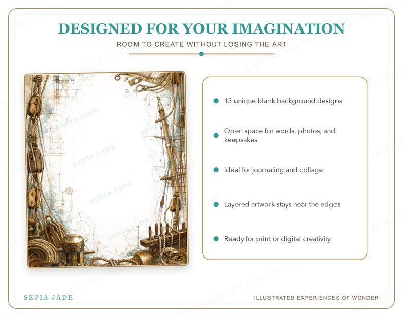 Pu&ograve; includere: Una visualizzazione di prodotto digitale con il testo DESIGNED FOR YOUR IMAGINATION e ROOM TO CREATE WITHOUT LOSING THE ART. Mostra un design di sfondo vuoto a tema nautico con corde, pulegge e parti di nave, oltre a un elenco di 13 caratteristiche.