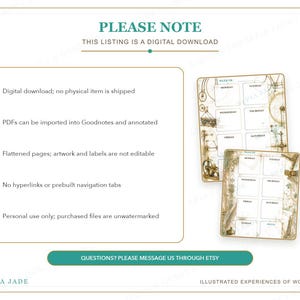 May include: A digital download planner page featuring a weekly layout with seven boxes for days of the week, decorated with vintage-style mechanical illustrations in sepia tones. The text reads PLEASE NOTE, THIS LISTING IS A DIGITAL DOWNLOAD, and SEPIA JADE.