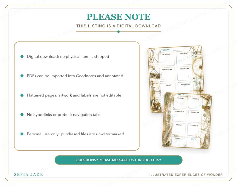 May include: A digital download planner page featuring a weekly layout with seven boxes for days of the week, decorated with vintage-style mechanical illustrations in sepia tones. The text reads PLEASE NOTE, THIS LISTING IS A DIGITAL DOWNLOAD, and SEPIA JADE.