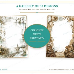 May include: Two rectangular stationery sheets featuring intricate illustrations. The left sheet depicts a train on tracks with architectural structures. The right sheet shows musical instruments and tools. A central teal circle displays the text CURIOSITY MEETS CREATIVITY.