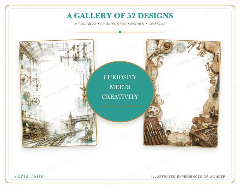 May include: Two rectangular stationery sheets featuring intricate illustrations. The left sheet depicts a train on tracks with architectural structures. The right sheet shows musical instruments and tools. A central teal circle displays the text CURIOSITY MEETS CREATIVITY.