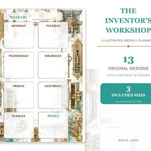 Puede incluir: Una p&aacute;gina de planificador semanal titulada The Inventor's Workshop con 13 dise&ntilde;os originales en 3 tama&ntilde;os incluidos: A5, A4 y US Letter. El dise&ntilde;o incluye secciones de lunes a domingo y notas, decoradas con ilustraciones mec&aacute;nicas de estilo vintage.