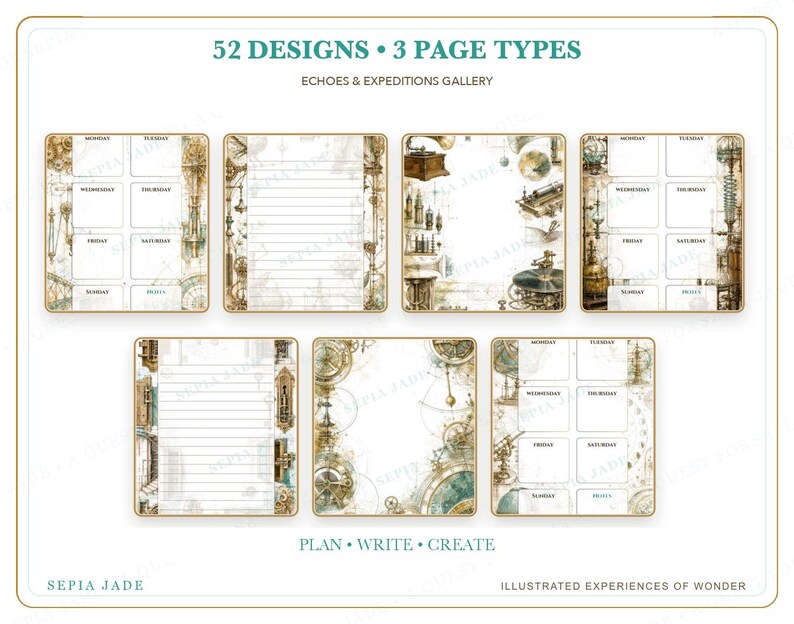 May include: A collection of stationery pages featuring 52 designs and 3 page types from the Echoes & Expeditions Gallery. The pages display vintage scientific illustrations, weekly planners, and lined paper with the text Plan, Write, Create.