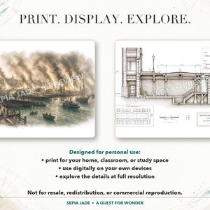 K&ouml;nnte beinhalten: Ein digitales Druckset mit dem Text PRINT. DISPLAY. EXPLORE. oben. Das linke Bild zeigt eine historische Hafenszene in Sepia mit Rauch, w&auml;hrend das rechte Bild eine detaillierte architektonische Querschnittszeichnung darstellt.