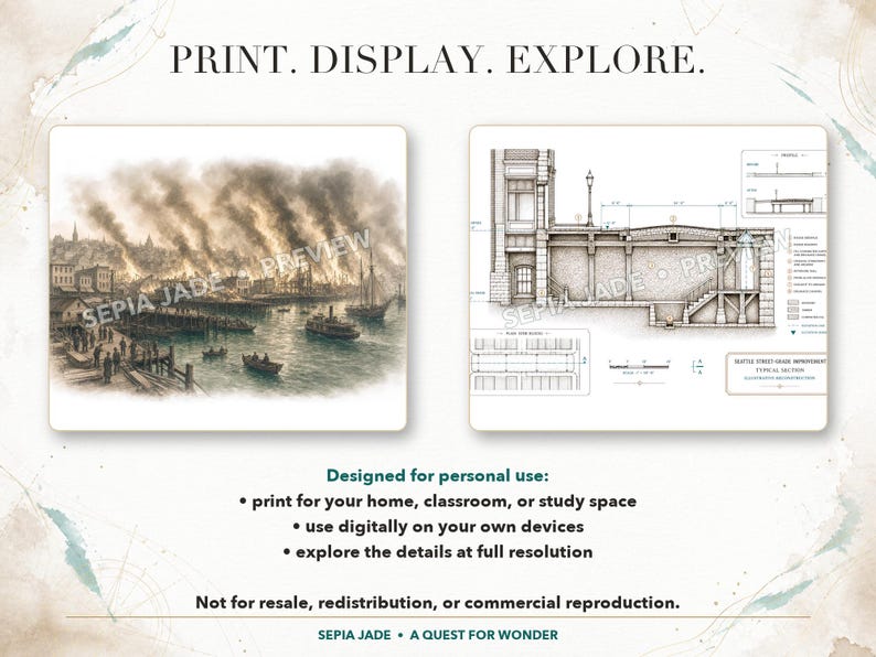 K&ouml;nnte beinhalten: Ein digitales Druckset mit dem Text PRINT. DISPLAY. EXPLORE. oben. Das linke Bild zeigt eine historische Hafenszene in Sepia mit Rauch, w&auml;hrend das rechte Bild eine detaillierte architektonische Querschnittszeichnung darstellt.