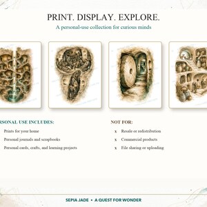 May include: Four sepia-toned illustrations depicting underground dwellings and subterranean life. The text reads: PRINT. DISPLAY. EXPLORE. A personal-use collection for curious minds. PERSONAL USE INCLUDES: NOT FOR: SEPIA JADE &bull; A QUEST FOR WONDER.