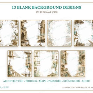 May include: A collection of 13 blank background designs titled City of Iron and Stone, featuring sepia-toned illustrations of architectural elements, bridges, maps, passages, and stonework. The set includes seven square frames with intricate drawings.
