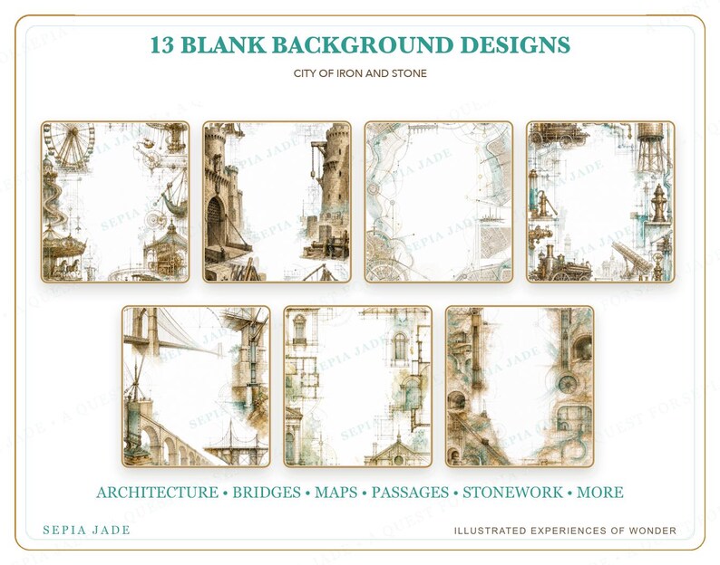 May include: A collection of 13 blank background designs titled City of Iron and Stone, featuring sepia-toned illustrations of architectural elements, bridges, maps, passages, and stonework. The set includes seven square frames with intricate drawings.