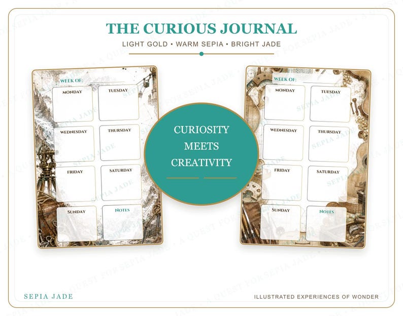 May include: The Curious Journal planner pages feature a weekly layout with sections for Monday through Sunday and notes. The design includes sepia-toned vintage illustrations, a jade green circular centre with the text CURIOSITY MEETS CREATIVITY.