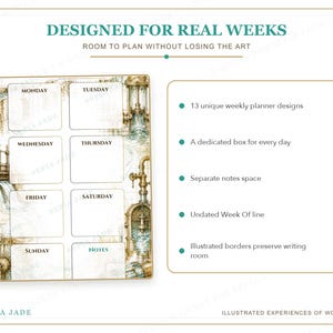 May include: A weekly planner page featuring the text DESIGNED FOR REAL WEEKS and ROOM TO PLAN WITHOUT LOSING THE ART. The layout includes boxes for Monday through Sunday, a notes section, and illustrated borders with industrial machinery.