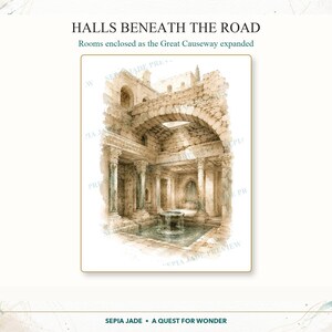 May include: A watercolor illustration titled HALLS BENEATH THE ROAD, Rooms enclosed as the Great Causeway expanded. The artwork depicts an ancient stone architectural interior with arched ceilings, columns, and a central water fountain pool.
