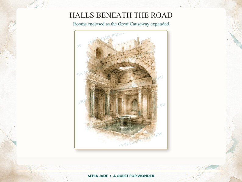 May include: A watercolor illustration titled HALLS BENEATH THE ROAD, Rooms enclosed as the Great Causeway expanded. The artwork depicts an ancient stone architectural interior with arched ceilings, columns, and a central water fountain pool.
