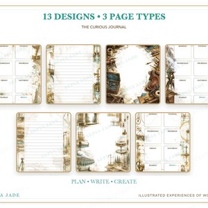 May include: A collection of journal pages featuring 13 designs and 3 page types titled The Curious Journal. The pages display sepia-toned illustrations of vintage scientific instruments, maps, and mechanical elements with grid and lined layouts.