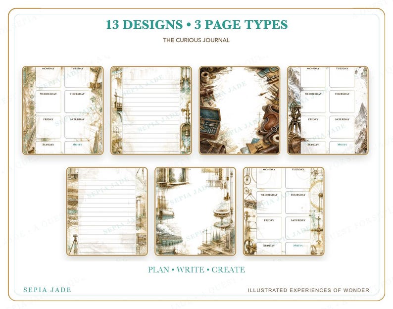 May include: A collection of journal pages featuring 13 designs and 3 page types titled The Curious Journal. The pages display sepia-toned illustrations of vintage scientific instruments, maps, and mechanical elements with grid and lined layouts.