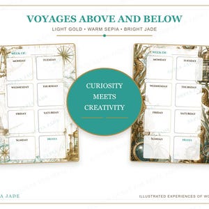 May include: Two weekly planner pages titled VOYAGES ABOVE AND BELOW with light gold, warm sepia, and bright jade accents. The left page features nautical maps and compasses, while the right page displays seahorses and lanterns. A central jade circle reads CURIOSITY MEETS CREATIVITY.