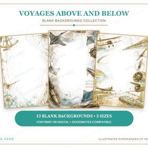 Pu&ograve; includere: Tre fogli di sfondo digitali rettangolari con illustrazioni in stile vintage. Il foglio a sinistra mostra strumenti nautici, quello centrale mostra razze e un casco da palombaro, e quello a destra raffigura aerei antichi ed eliche.