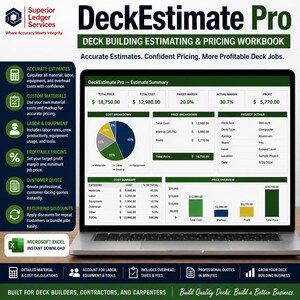 May include: A laptop displaying the DeckEstimate Pro deck building estimating and pricing workbook. The screen shows an estimate summary with cost breakdowns, price overviews, and project details including total price, cost, and profit margins.