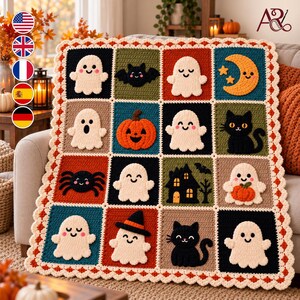 Patrón de manta de ganchillo de Halloween, manta de patchwork de fantasmas en PDF, aplique de calabaza, gato negro y murciélago, manta espeluznante de otoño