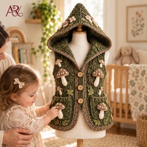 May include: A dark green crocheted hooded vest featuring three light brown wooden buttons down the front. The vest is decorated with several three-dimensional crocheted mushroom appliqués in shades of brown and white, along with green leaf accents.