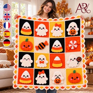 Patrón de manta de ganchillo de Halloween, manta de patchwork de fantasmas, calabazas y caramelos de maíz, manta afgana con apliques 3D, decoración de otoño (descarga digital)