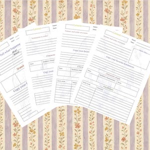 Könnte beinhalten: Vier weiße Arbeitsblätter für Unterrichtspläne mit schwarzem Text und Schreiblinien. Jedes Blatt enthält Abschnitte mit den Bezeichnungen Lesson, Name, Date, Summary, Character study und Vocabulary, die fächerförmig vor einem Blumenmuster angeordnet sind.