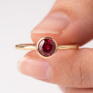 Round Ruby Solitaire Engagement Ring, 14K Solid Gold Bezel Set Red Gemstone Ring, Minimalist July Birthstone Ring, Dainty Promise Ring
