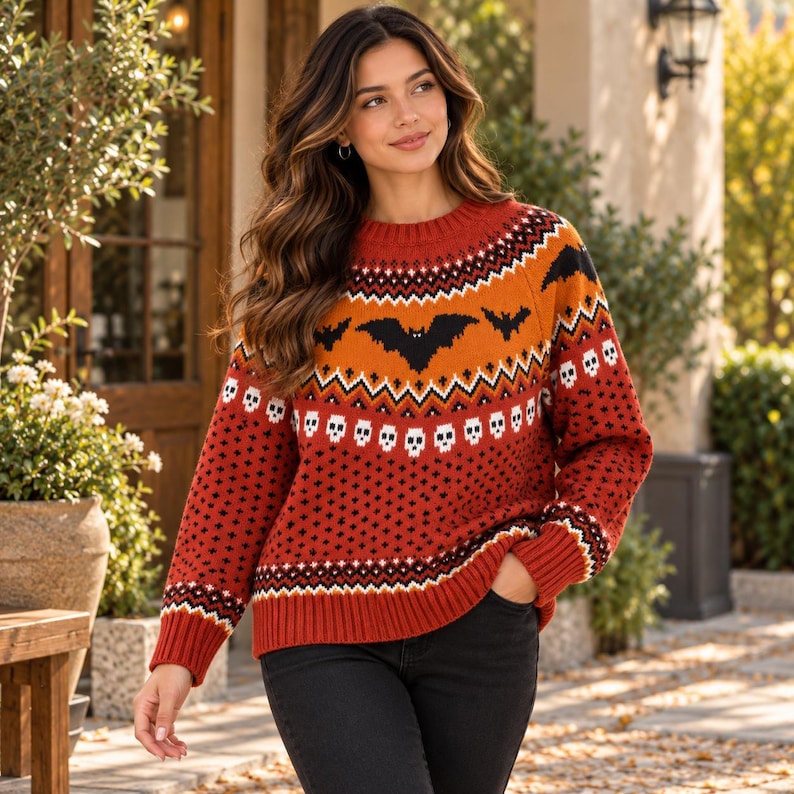 Women's Bat Skull Fair Isle Sweater, Gothic Nordic Knit Pullover - Etsy UK