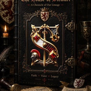 Op de afbeelding: Een zwart gebonden boek met de titel The House of Stewart: A Chronicle of Our Lineage. De kaft bevat een grote gouden letter S, een zwaard, een ridderhelm en rode edelstenen. De tekst bevat Faith + Valor + Legacy en From our Ancestors To our Children For all Generations 1178 + 2026.