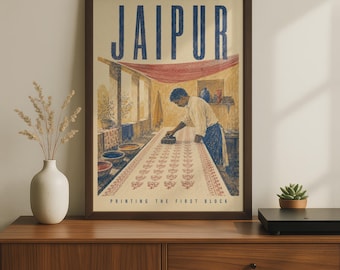 Jaipur-Blockdruck-Poster, indische Wandkunst, Rajasthan-Reisemotiv, Vintage-Stil