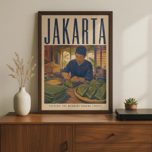 Può includere: Una stampa artistica incorniciata intitolata JAKARTA che mostra un'illustrazione di una persona con una camicia scura che piega foglie di banano verdi su un tavolo di legno. Il testo in alto recita JAKARTA e il testo in basso recita FOLDING THE MORNING BANANA LEAVES.