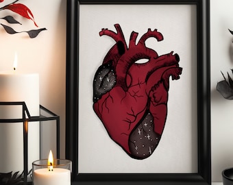 Disegno File Stampa PDF Cuore Anatomico Rosso Nero Stelle